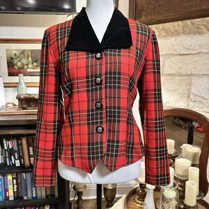 Women's Holiday Plaid Blazer Positive Attitude Button Front USA 6 Velvet Collar